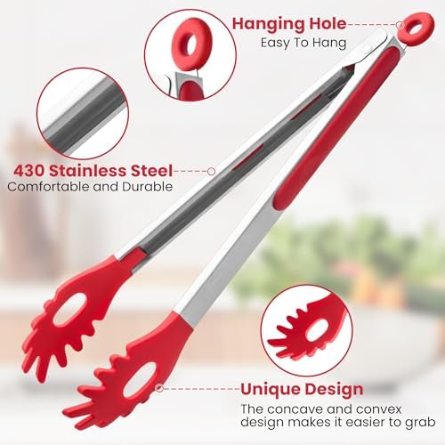 2 PCS Pasta Tong Spaghetti Tongs, 9" & 12-Inch Heat Resistant Pasta Tongs
