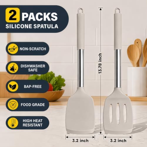 2-Piece Silicone Utensil Set:Heat-Resistant & BPA Free（Khaki）