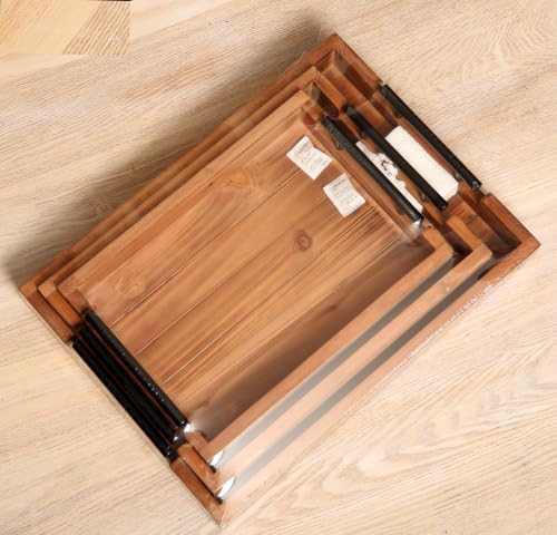3Pcs Nested Vintage Wood Serving Tray Set, Coffee Table Ottoman Decor Trays