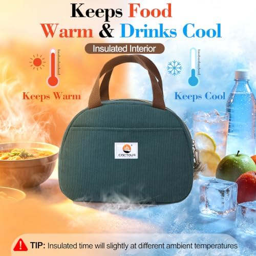 CaCTOUR Large Lunch Box for Women, Cute Lunch Box Cooler Bag, Portable Insulated LunchBox Reusable Corduroy Lunch Tote for Work/Travel/Picnic (Lake Green)
