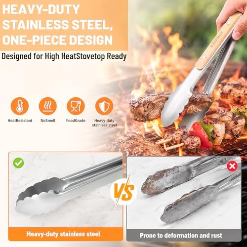 9+12 inch Stainless Steel Kitchen Tongs for cooking with Wood Handle, Set of 2