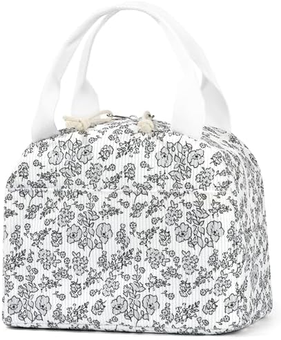 TESAFNG Lunch Bag - Insulated Lunch Box for Women, Reusable Large Capacity Cooler Bag for Adult, Small Leakproof Cute Corduroy Lunch Tote for Work Office Travel Picnic (Corduroy White-Floral)