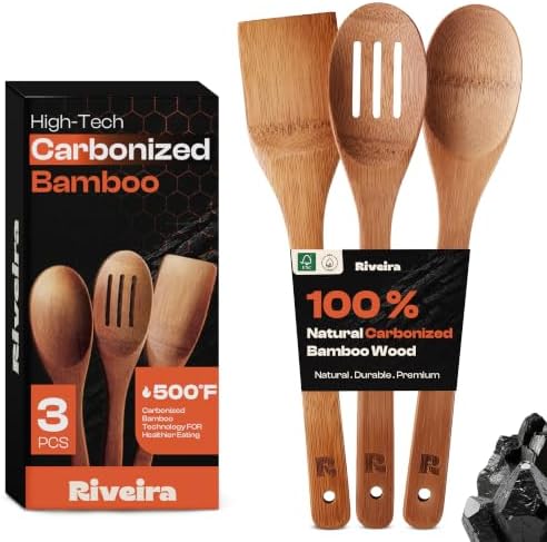 Riveira Dark Bamboo Wooden Spoons for Cooking 3-Piece, Apartment Essentials Wood Spatula Spoon Nonstick Kitchen Utensil Set Premium Quality Housewarming Gifts for Everyday Use