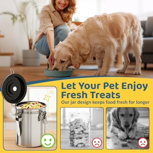 ENONCI Airtight Dog Treat Canister, 304 Stainless Steel Food Storage Jar with Date Dial Silver-1.5L
