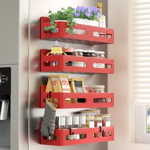 Sevenblue 4-Pack Magnetic Spice Rack for Refrigerator with Hooks, Red