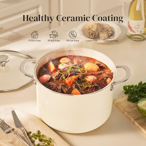 Redchef Ceramic Stock Pot with Lid, 8 Qt Soup Pot Nonstick for Family Cooking, Pasta Pot Large Induction Cooking Pot, Stay-Cool Handles, Even Heating, Oven/Dishwasher Safe, PFOA Free, Beige