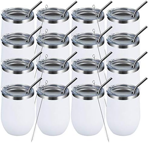 MEWAY 12oz Wine Tumbler 16 Pack Bulk Gifts for Women,Double Wall Vacuum Stainless Steel Travel Mug with Lid,Insulated Stemless Wine Cup Glass for Coffee,Cocktails,Drinks(White,Set of 16)