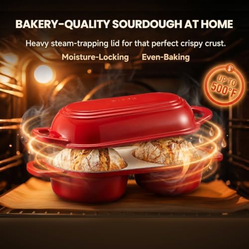 Double Dutch Oven for Bread Baking,Mini Cast Iron Sourdough Loaf Pan(Red)