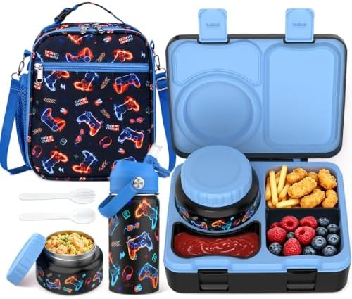 Kids Bento Lunch Box with Food Jar, Water Bottle, Lunch Bag, Game