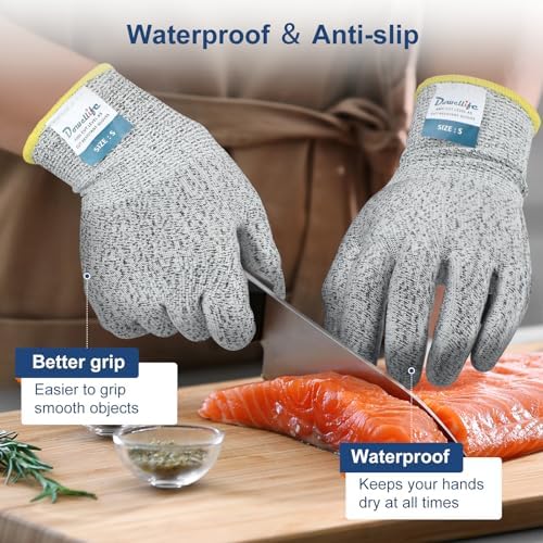 Dowellife Level 5 Cut Resistant Gloves with Silicone Coating, Food Grade Kitchen Knife Safety Gloves, Work Gloves for Chef, Mandoline Oyster Shucking Meat Cutting Wood Carving (Gray Large), Grey