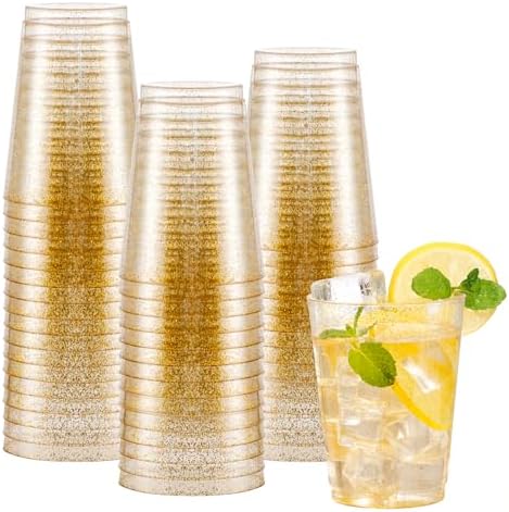 I00000 60 Pcs Gold Plastic Cups, 10 oz Hard Gold Glitter Disposable Cups