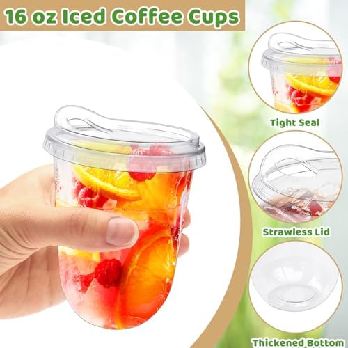 50 Pack 16 oz Clear Plastic Iced Coffee Cups with Strawless Sip Lids