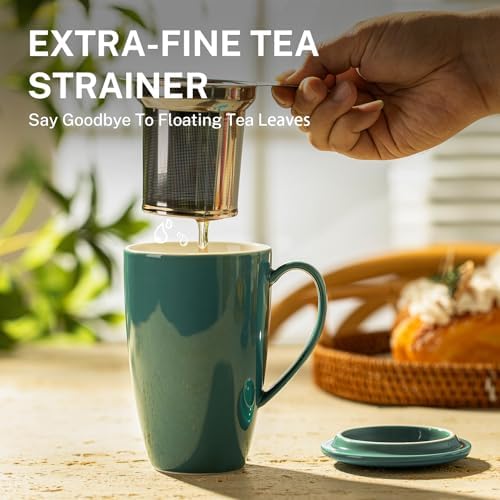 Sweese 15 OZ Porcelain Tea Mug with Infuser and Lid, Loose Leaf Tea Cup, Gifts for Tea Lover, Sage Green