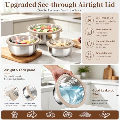P&P CHEF Mixing Bowls with Lids Set of 3, Khaki Stainless Steel Salad Bowl