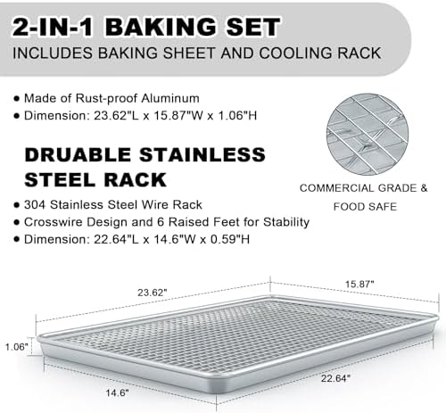 24 Inch Baking Sheet Pans with Rack Set, Natural Aluminum Cookie Sheet, Extra Large Commercial Quality Baking Sheet Pan Set, Warp Resistant Nonstick Thick Cookie Tray Pans for Baking, Roasting