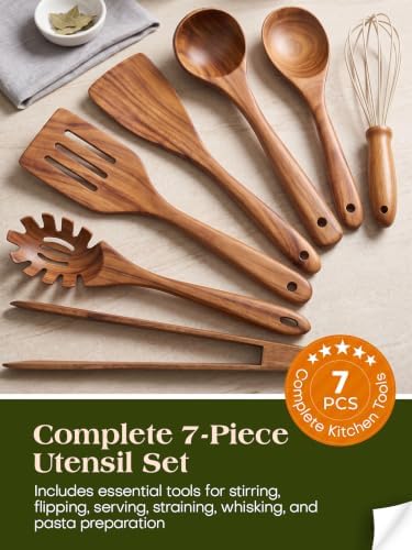AIUHI Nonstick Wooden Utensil Set for Cooking, Handmade Smooth Finish Teak Wood Spoons Spatula Turner for Cooking and Kitchen Gifts (7Pcs)