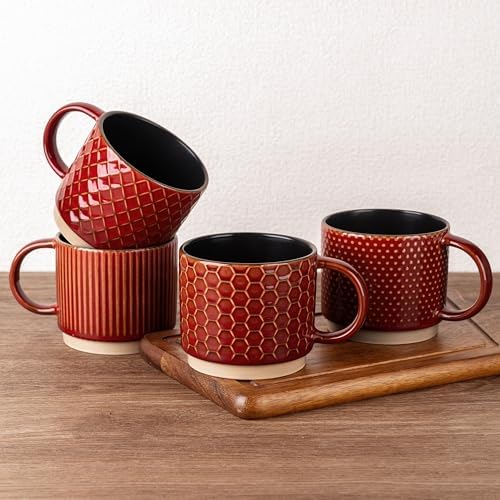 GBhome 15 OZ Stackable Coffee Mugs Set of 4, Ceramic Coffee Cups Set