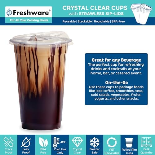 Freshware Clear Plastic Cups with Strawless Sip Lids [100 Cups - 20 oz] Disposable Tumblers for Iced Coffee, Smoothie, Milkshake, Cold Drinks