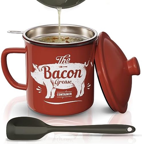 PGYARD Bacon Grease Container with Strainer-46OZ Enamel Keeper with Spatula