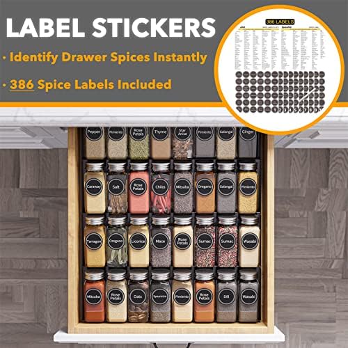 SpaceAid Spice Drawer Organizer with 32 Spice Jars, 386 Spice Labels, 4 Tier Seasoning Rack Tray Insert for Kitchen Drawers, 15" Wide x 17.5" Deep