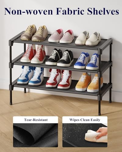 Kitsure Shoe Rack - Non-Woven Shoe Rack Shelf, 27.5" Wide - 3 Tier, Black