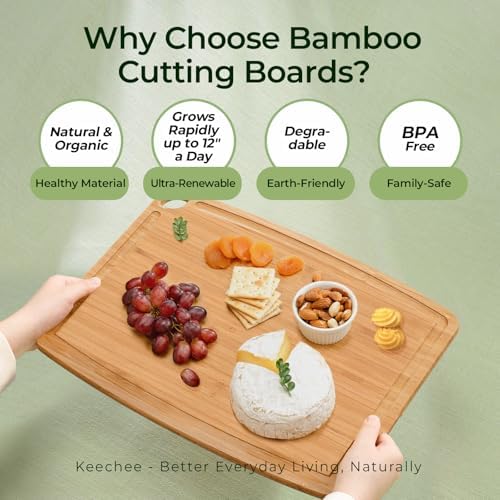 Keechee Dishwasher Safe Bamboo Cutting Boards 15.4x11.7in Heat-Resistant Chopping & Charcuterie Board with Juice Groove, Durable Lightweight Kitchen Essentials for Meat, Vegetables, Easy Clean
