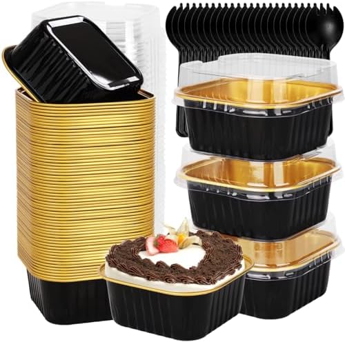 selizo 60 Pack 5oz Mini Disposable Cake Pans with Lids, Aluminum Foil Square Baking Cups, 3.5x3.5 Small Baking Cake Tins Cup Cake Containers with Lids for Individual Cakes, Black