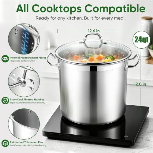 E-far 24 Quart Tri-Ply Stock Pot with Lid, Stainless Steel Cooking Pot