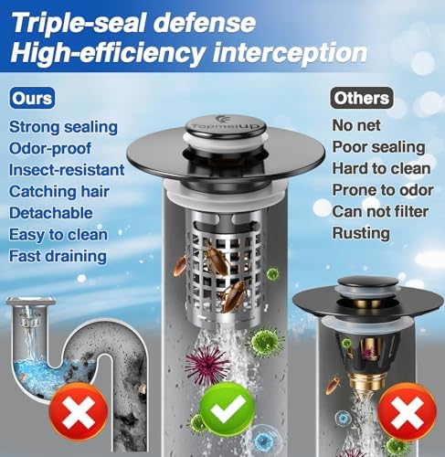Bathroom Sink Drain Strainer, Pop-up Sink Drain Strainer with Removable Stainless Steel Strainer Basket Hair Catcher, Bathroom Sink Strainer for Bathroom Sink Stopper Replacement