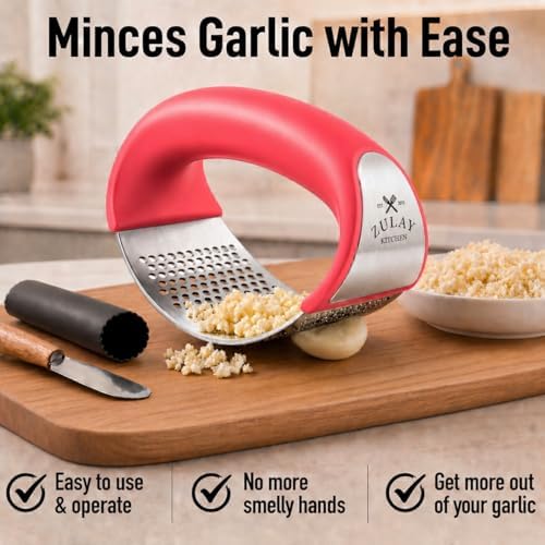 Zulay Kitchen Stainless Steel Garlic Press Rocker Set - Premium Garlic Mincer Garlic Crusher - New Innovative Garlic Crusher with Peeler and Scraper - Comfortable Grip (Red)