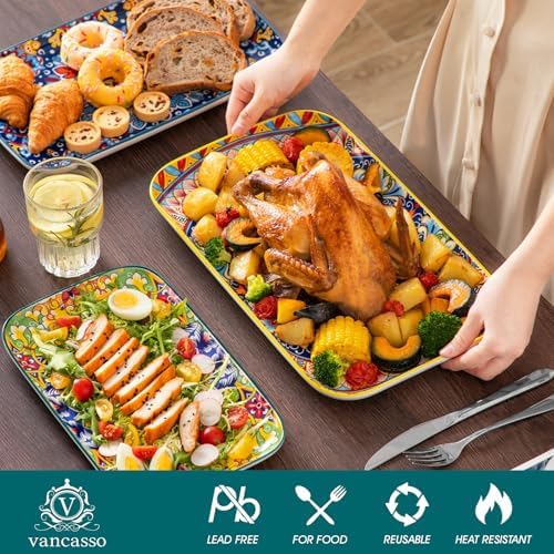 vancasso Serving Platters Set of 3, 16"/14"/12" In Rectangular Trays Retro