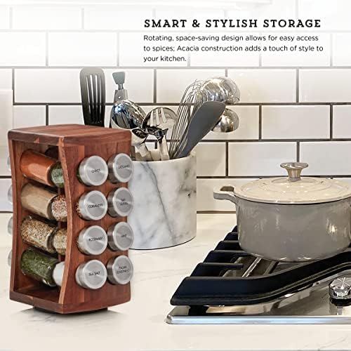 Kamenstein 16 Jar Hourglass Revolving Countertop Spice Rack with Spices Included, FREE Spice Refills for 5 years, Acacia with Stainless Steel Caps