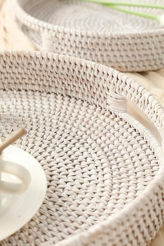 HITOMEN 14.2" Hand-Woven Round Rattan Serving Tray Decorative Ottoman Wicker Platter with Handles for Coffee Table, Breakfast, Drinks, Snack, Bread, Fruit, Vegetables (Whitewash-L)