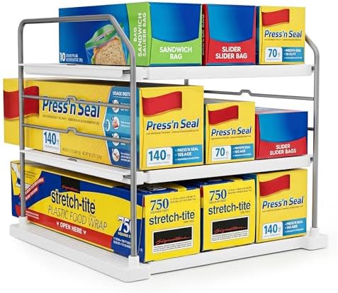 EVERIE Extendable 3-Tier Kitchen Cabinet & Pantry Organizer for Plastic Wrap, Foil & Storage Bags, Adjustable Heavy Duty Shelf Rack for Wrap Boxes, Jars & Snack Boxes (11–16.7 in Wide), Pack of 2
