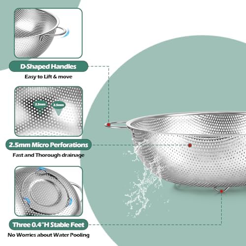 Leonyo Stainless Steel Colanders and Strainer Set, 3 Pack(1-3-5Quart)