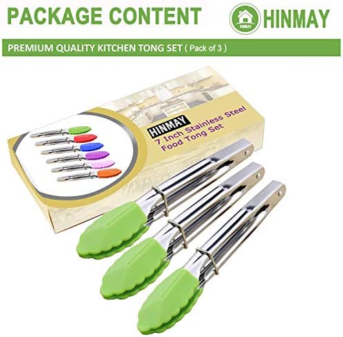 HINMAY 7" Mini Tongs with Silicone Tips, Set of 3 (Green)