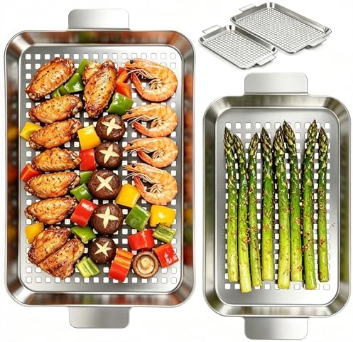 2PCS Grill pan, Stainless Steel BBQ Grill Topper for Outdoor Grill with Hole, suitable for picnicking, camping, yard (2 pieces)