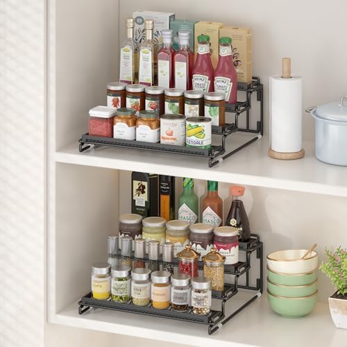 2 Pack Spice Rack Organizer for Cabinet, 4 Tier Black Seasoning Organizer Rack for Inside Cabinets, Countertop, Pantry Storage