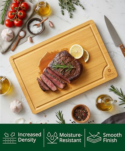 ROYAL CRAFT WOOD Wooden Cutting Boards for Kitchen Meal Prep & Serving - Bamboo Wood Serving Board Set with Deep Juice Groove Side Handles - Charcuterie & Chopping Butcher Block for Meat
