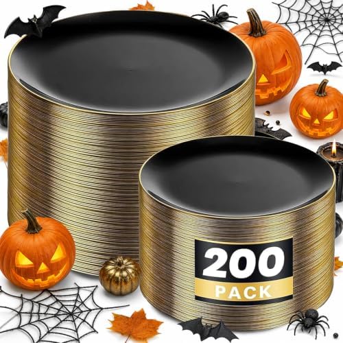 KIRE 200Pcs Black Plastic Plates - Black and Gold Plates Disposable for Party - Include 100 for Dinner and 100 for Dessert for Birthday/Wedding/Halloween