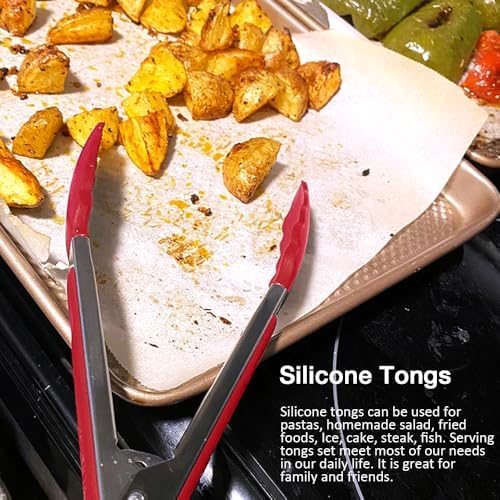 9 Inch Cooking Tongs with Silicone Tips Set of 3(Red)