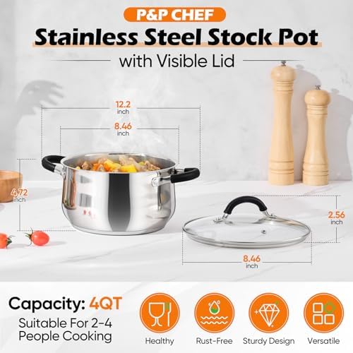 P&P CHEF 4 Quart Stainless Steel Stock Pot, Cooking Pot with Visible Lid