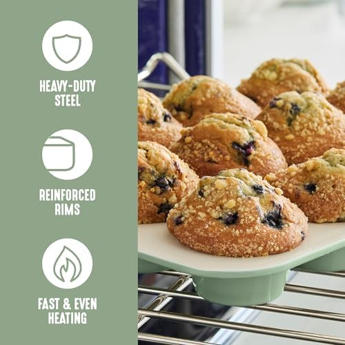 GreenLife 12-Cup Muffin Pan, PFAS-Free Healthy Nonstick Baking Tray, 11.4" x 1.9" x 15.9", Durable Ceramic Bakeware, Cupcakes, Egg Bites, Tarts, Brownies, Sage, (Pack of 6)