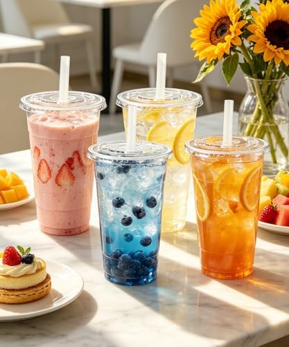 Ginkgo 32 oz Clear Plastic To Go Cups with Lids and Straws