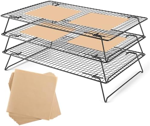 3-Tier Stackable Wire Cooling Rack with Legs, High-quality Carbon Steel, 17" x 11" Cooling Rack for Cooking and Baking, 100 Pcs 6in Baking Paper, Nonstick, for Cookie, Pizza, Bread, Barbecue