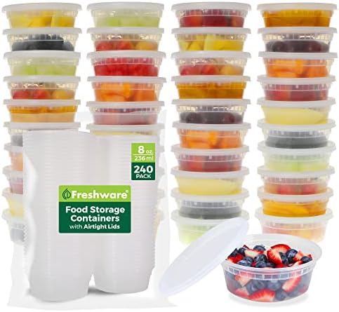 Freshware Food Storage Containers [240 Set] 8 oz Plastic Deli Containers with Lids, Slime, Soup, Meal Prep Containers, BPA Free, Stackable, Leakproof, Microwave, Dishwasher and Freezer Safe