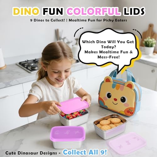 Tanjiae 3-Pack Stainless Steel Snack Containers for Kids & Toddlers - 550ml (18oz) Leakproof Colorful Lids with Cute Dinosaurs | LFGB Certified, Stackable Metal Lunch Box for Daycare, School, Travel