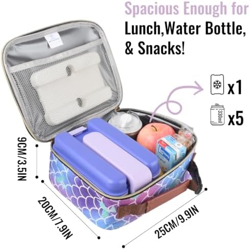 Genteen Lunch Box for Kids, Boys - Insulated Small LunchBox Reusable, Zip Closure & Buckle Handle, Portable Cooler for Work, School, Travel (Mermaid)