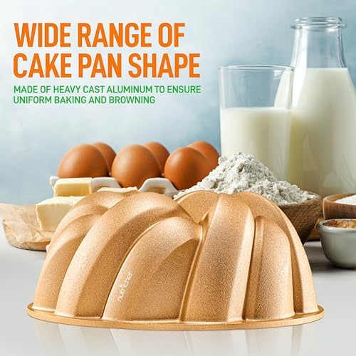 NutriChef 9-Inch Cake Pan - Heavy Die Cast Aluminum Cake Baking Mold with 2 Layers of Professional Nonstick Coating - Fluted Flow Design for Uniform Baking & Browning, Dishwasher Safe - Gold