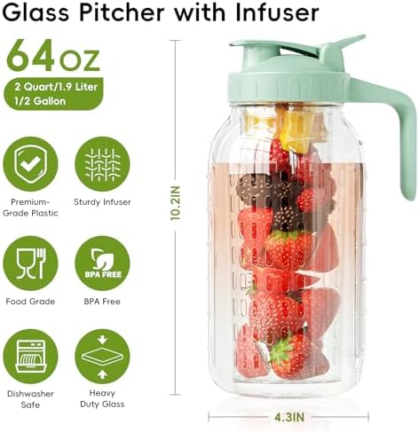 JunVpic Glass Mason Jar Pitcher, 64 oz Wide Mouth Jug